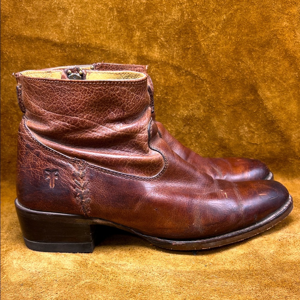 Frye Carmel Brown Inner Zip Heeled Ankle Boots
